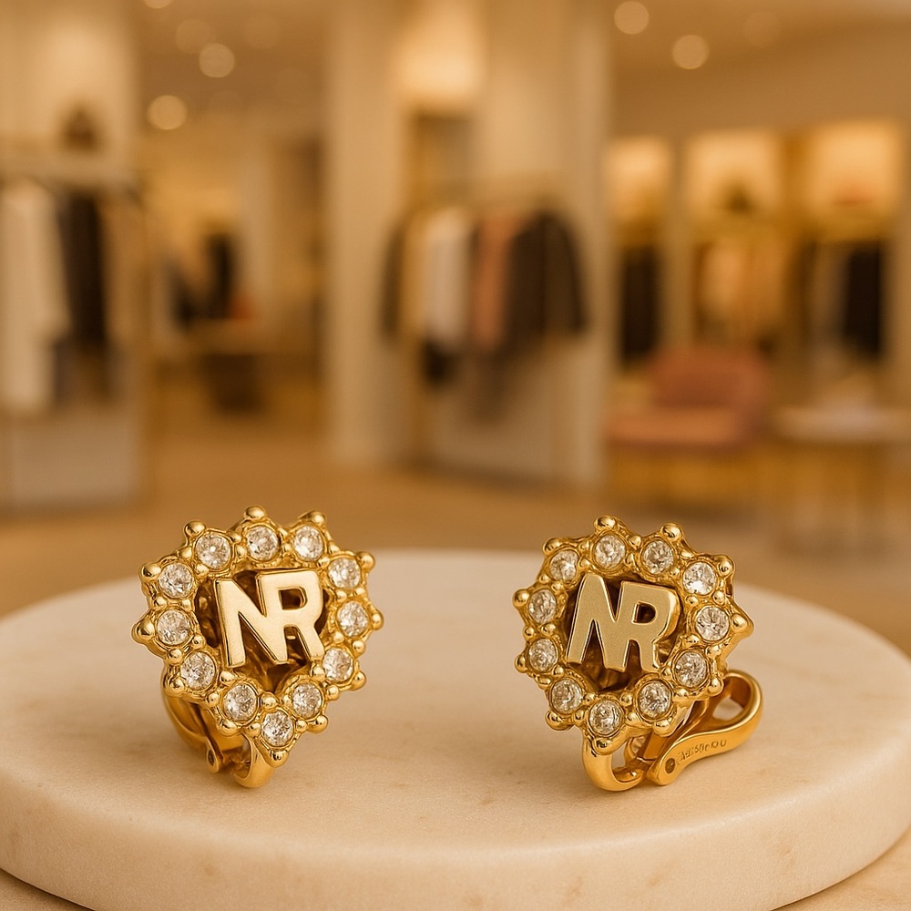 Nina Ricci Vintage Gold Crystal Clip-On Earrings | NR Logo | Designer Jewelry
